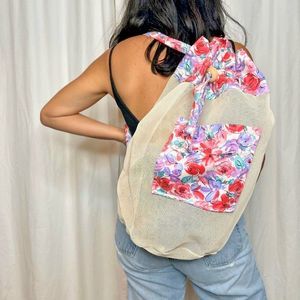 vtg 80s 90s mesh backpack floral cotton summer beach bag pink beige purple retro